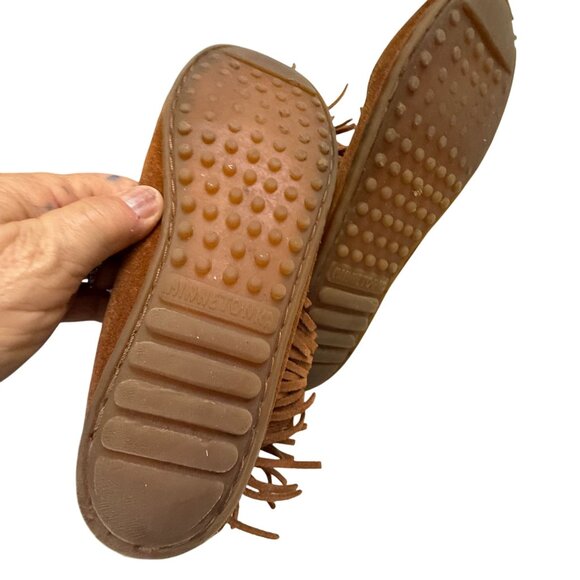 Minnetonka Suede Moccasins 3 Layer Fringe Mid Calf Boots Women's 4 Brown Boho - Picture 11 of 13